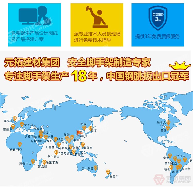 元拓建材集團(tuán)，安全腳手架制造專家！專注腳手架生產(chǎn)18年，中國(guó)鋼跳板出口冠軍！